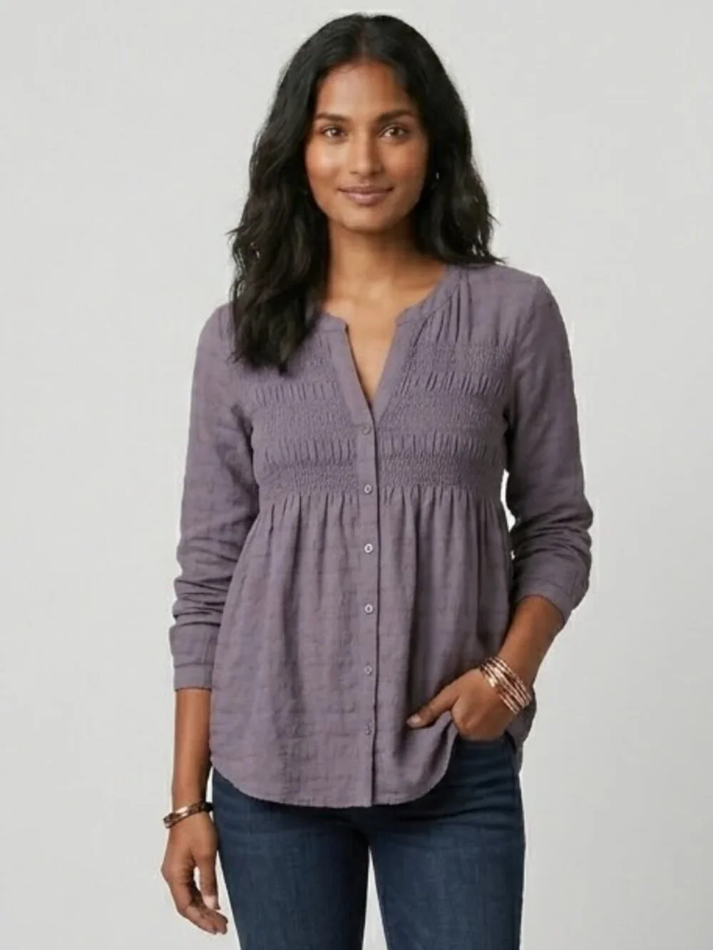 Boho Tunic Blouse Smocked Henley Long Sleeve Gray Medium - Picture 16 of 16